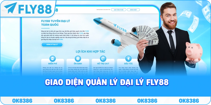 Giao diện quản lý đại lý FLY88 và báo cáo hoa hồng đối tác